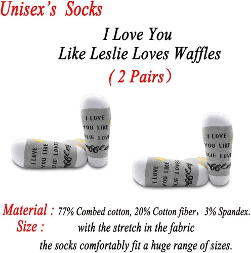 Vista 2 de JXGZSO 2 pares de parques y regalos inspirados en el rec I Love You Like Leslie Loves Waffles Calcetines Parques y Rec Fan Gift