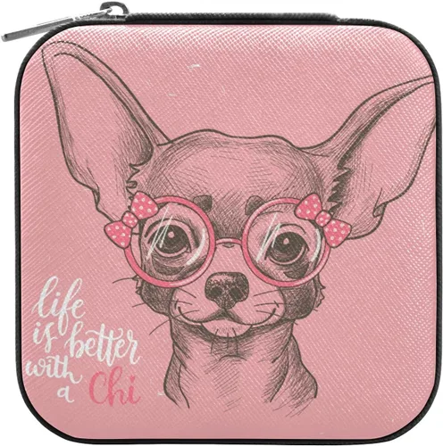 Vista 2 de Emelivor Lindo perro chihuahua - Joyero de viaje de piel sintética, portátil, organizador de joyas de viaje, caja de joyería pequeña para anillos