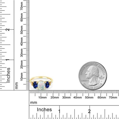 Vista 3 de Gem Stone King Anillo de compromiso de oro amarillo de 10 quilates con ópalo blanco de imitación y zafiro azul creado para mujer