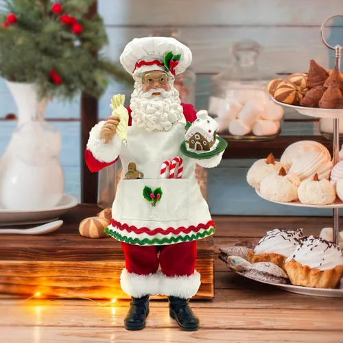 Vista 2 de Estatua de Santa Chef de Cocina de 11 Pulgadas con Casa de Jengibre, Figura de Santa de Resina Decoración Navideña Adorno Regalo de Navidad