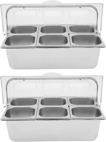 Vista 11 de Recipiente de acero inoxidable para servir alimentos de 4 bandejas con tapa, servidor de condimentos con cucharas, abrazaderas, bolsas de agua