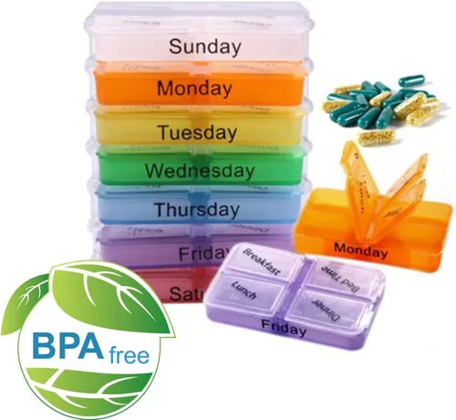 Vista 5 de Pastillero semanal 4 veces al día, extraíble, pastillero portátil para 7 días por la mañana, mediodía, noche, pastillero, contenedor hermético