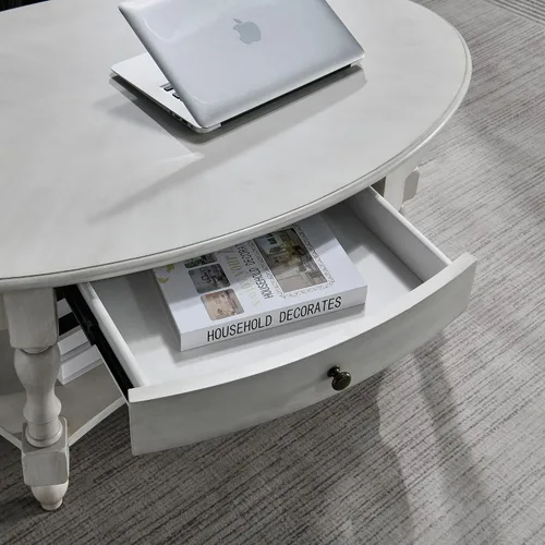 Vista 5 de Mesa de centro con cajón, mesa central ovalada de madera maciza con estante de almacenamiento, mesa de sala de estar tradicional con elegante