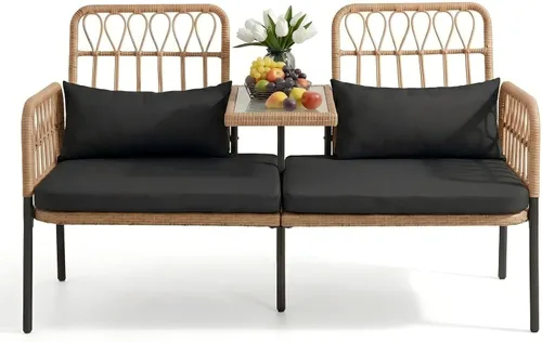 Vista 10 de PROHIKER Muebles de Patio Exterior Sofá de Amor de Ratán de 2 Asientos con Mesa Integrada, Almohadas Lumbares y Cojines, Sofá de Amor de Mimbre