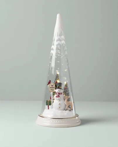 Vista 3 de Lenox 895174 Cono navideño iluminado con escena de muñeco de nieve del Polo Norte, decoración navideña