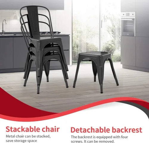 Vista 4 de Juego de 4 sillas de comedor de metal para interiores y exteriores, sillas apilables para patio, cocina, sillas de metal, sillas de restaurante