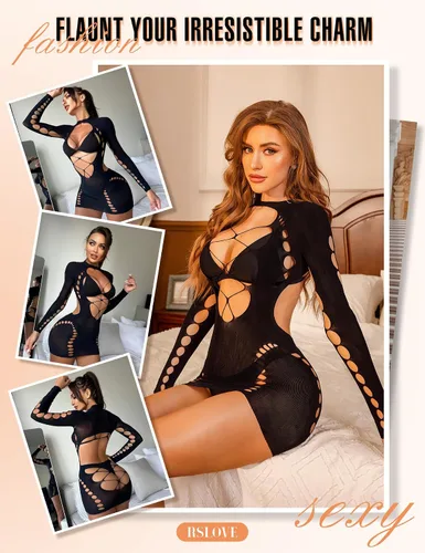 Vista 4 de RSLOVE Lencería sexy babydoll Chemise Vestido corto de malla para mujer, sin espalda, manga larga, travieso, trajes de una pieza