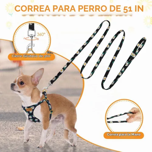 Vista 4 de SlowTon Arnés para perro sin tirones con correa para perros pequeños y medianos, negro, XXS Patrón floral, ligero, fácil de poner y quitar, sin