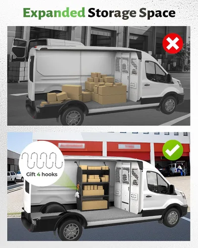 Vista 3 de Estantería para van de carga StarONE con almacenamiento, compatible con Ford Transit, GM, NV, Promaster, Sprinter y Metris con ganchos, negro