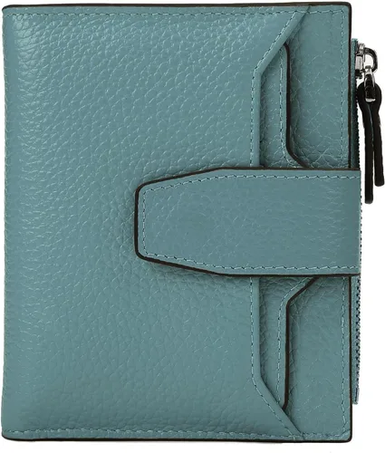 Vista 16 de Cartera de cuero con bloqueo RFID para mujer, pequeña, compacta, doble cremallera, con ventana para identificación