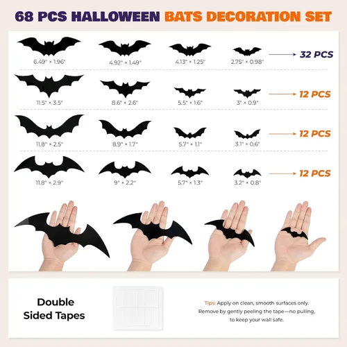 Vista 9 de encavy 68 piezas de decoración de pared de murciélagos, decoraciones de Halloween, calcomanías de murciélago 3D, decoración de Halloween, decoración