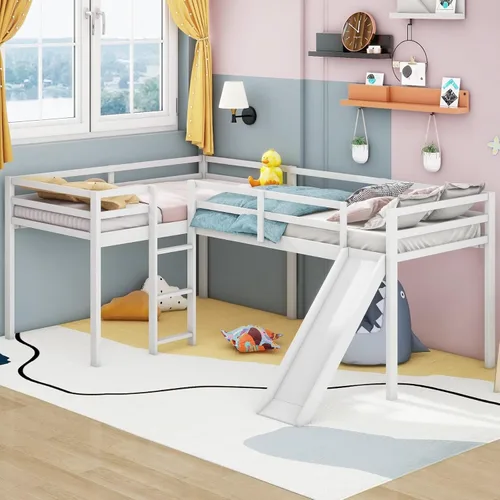 Vista 10 de Merax Cama doble tipo loft de tamaño individual con tobogán y escalera, marco de cama de madera en forma de L con barandilla de longitud completa