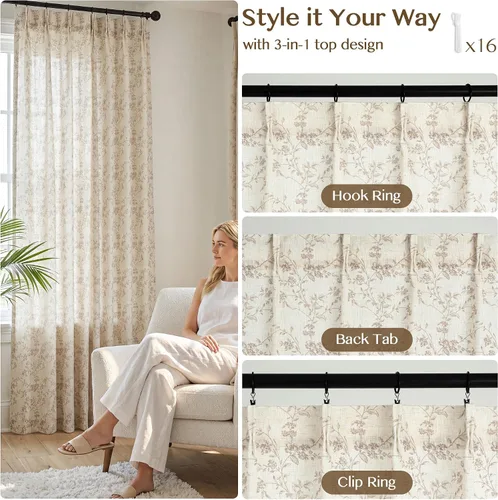 Vista 4 de Cortinas plisadas semitraslúcidas filtrantes de luz, de mezcla de lino de lujo, para sala de estar, dormitorio, comedor, casa rural estampada, juego