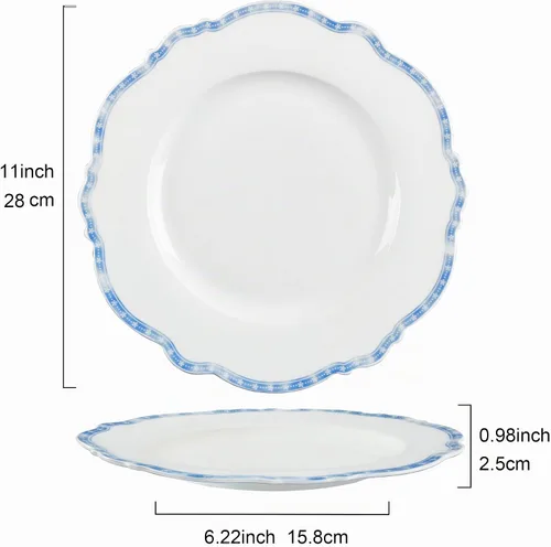 Vista 6 de fanquare - Juego de 4 vajilla de porcelana azul costera simple de 11 pulgadas Platos festoneados para comidas diarias, fiestas, banquetes, aptos