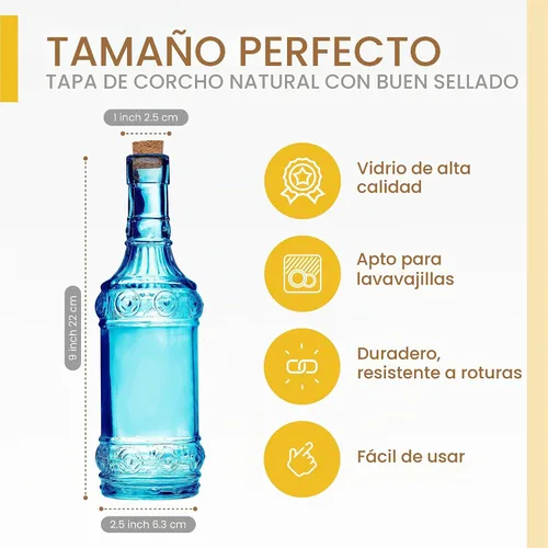 Vista 2 de BULK PARADISE Botellas de vidrio azul surtido con corchos, paquete de 6, 2.5 x 9 pulgadas, 16 onzas