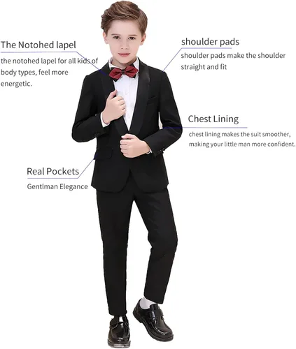 Vista 3 de Traje formal de esmoquin de boda para niños, 3 piezas, chaqueta floral, pantalones, chaleco, conjunto de blazer para fiestas de 2 a 14 años, Negro