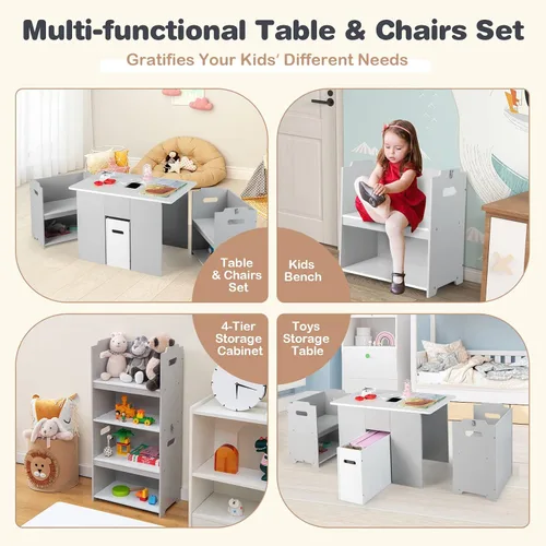 Vista 2 de HONEY JOY Juego de mesa y silla para niños, mesa convertible para niños y 2 bancos y estantería organizadora de almacenamiento de juguetes de 4