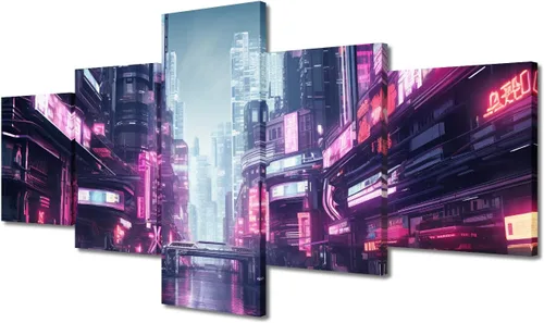 Vista 101 de Póster de 5 paneles en lienzo para decoración de pared, diseño de centro urbano Cyberpunk, impresión moderna, decoración de pared para el hogar