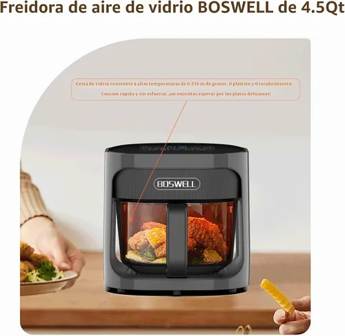 Vista 3 de [Usado] BOSWELL Freidora de aire de vidrio de 4.5 QT, Freidora de aire de 6 EN 1 no tóxica, control de temperatura, panel inteligente de 5 menús Gris