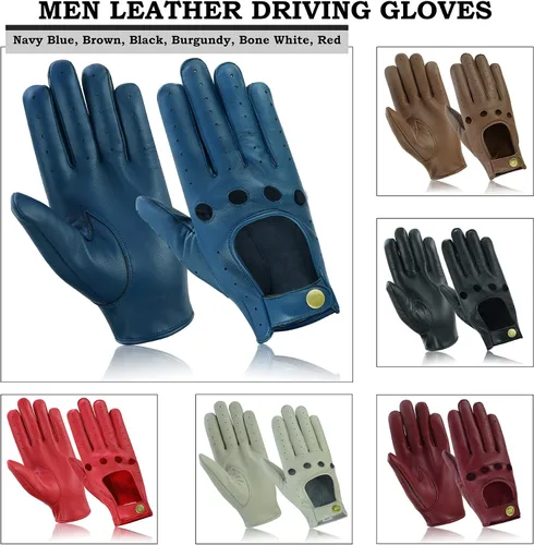 Vista 6 de Guantes de cuero para hombre, guantes de conducción de cuero para chofer, guantes de piel de cordero 100% auténtica, guantes de dedo completo