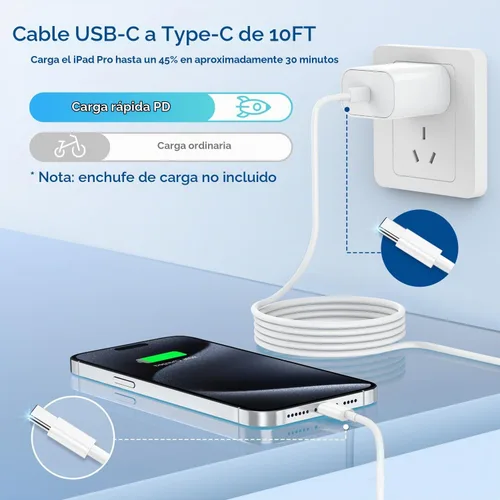 Vista 2 de Cable de carga rápida USB C a C, paquete de 3 [3 pies + 6 pies + 10 pies] cable de carga tipo C a C largo para Apple iPhone 17 Pro Max/17 Pro/16