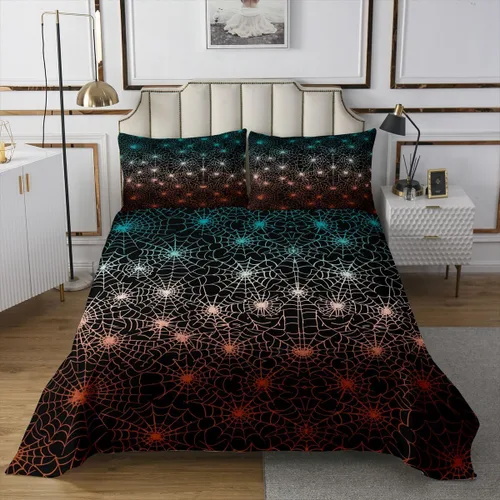 Vista 2 de Erosebridal Edredón de Halloween tamaño individual, colcha de tela de araña, diseño bohemio de rayas geométricas, color verde azulado, rojo