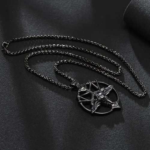Vista 4 de Collar de pentagrama invertido de Satanás Colgante de calavera de cabeza de cabra baphomet de acero inoxidable, joyería satánica de cabra