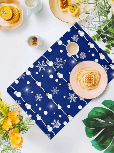Vista 5 de Juego de 4 manteles individuales de Navidad de muñeco de nieve azul para mesa de comedor, juego de 4 manteles de tela impermeables, manteles Navidad