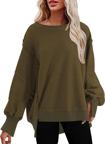 Vista 18 de SHEWIN Sudadera casual de gran tamaño de manga larga con costuras inversas y cuello redondo para mujer Un negro