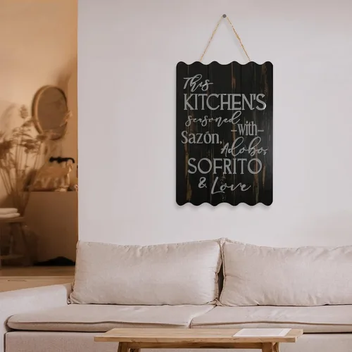 Vista 6 de Letrero de madera con texto en inglés «This Kitchen is Seasoned with Sazon Adobo Sofrito & Love» La Cocina española puertorriqueña para decoración