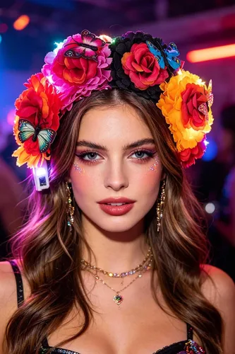 Vista 2 de Diadema de flores iluminada para mujer, accesorio para el día de los muertos, accesorios para el cabello de Halloween