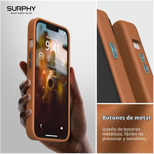 Vista 6 de SURPHY Compatible con iPhone 13, funda de piel sintética de alta calidad (con botones metálicos y forro de microfibra) para 13 (6.1 pulgadas 2021)
