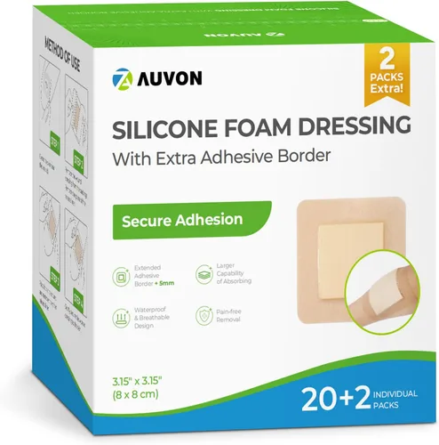 Vista 13 de AUVON Apósito de espuma de silicona con borde adhesivo grande, 3 x 3 pulgadas, 10 paquetes de vendajes para heridas con alta absorbencia, apósitos