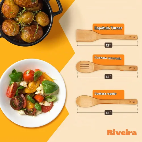 Vista 5 de Riveira Cucharas de madera de bambú para cocinar, 3 piezas, espátula de madera esencial para apartamento, cuchara antiadherente, juego de utensilios