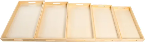 Vista 3 de Bandejas de madera anidadas para servir, bandejas rectangulares sin terminar con asas recortadas para manualidades, otomanos, servir y decoración