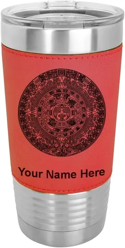 Vista 18 de LaserGram Vaso aislado al vacío de 20 onzas, calendario azteca, grabado personalizado incluido (piel sintética, estilo béisbol)