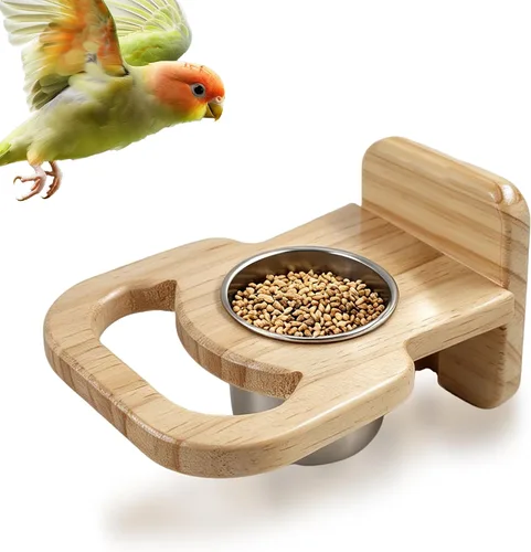 Vista 2 de Taza de alimentación de pájaros con plataforma, cuenco colgante de acero inoxidable para loros, soporte de perca de madera, jaula de pájaros