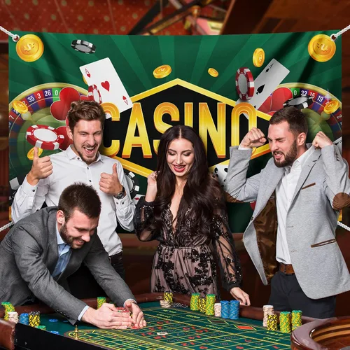 Vista 6 de Telón de fondo de fiesta nocturna de casino, tarjetas de ruleta de póquer, decoración de fondo temático, decoración de fondo verde, rojo y dorado