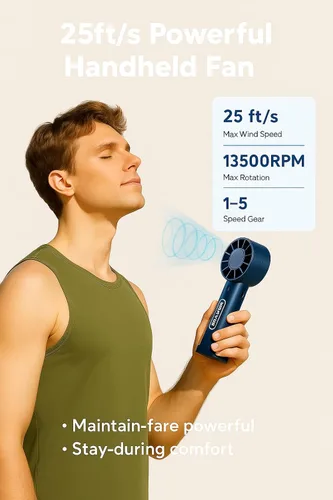 Vista 7 de Mini ventilador de mano – Ventilador portátil recargable por USB, 5 velocidades, silencioso y potente ventilador personal para viajes, escritorio