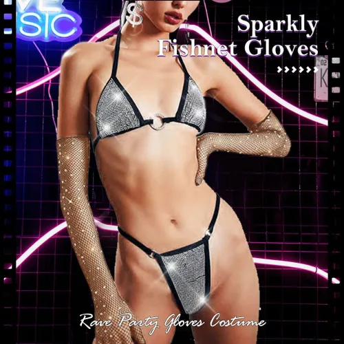 Vista 6 de Guantes largos de malla con diamantes de imitación, guantes de red brillantes de moda, ópera, rave, fiesta, disfraces, guantes para mujeres y niñas