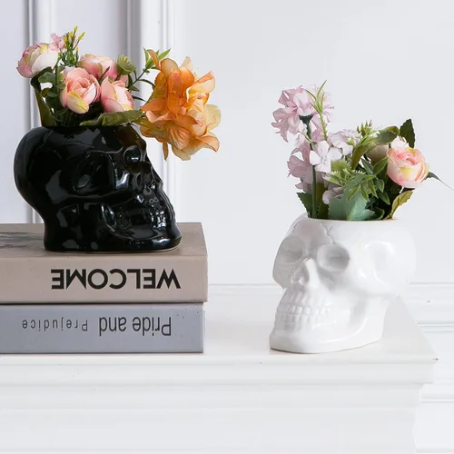 Vista 2 de Tanvecle - Macetas de calavera (2 unidades), jarrón gótico de esqueleto para Halloween Ceramic planter for succulent, flowers, centerpiece table