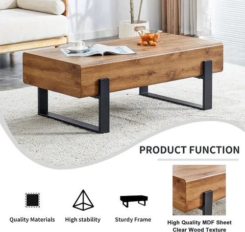 Vista 5 de Mesa de centro de madera, mesa central rectangular de 47.2 pulgadas con escritorio de MDF y patas de metal, moderna mesa de té de madera maciza
