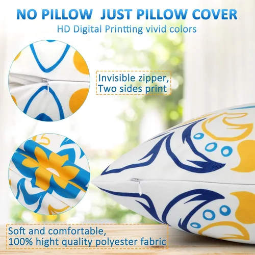 Vista 2 de Drmstow Fundas de almohada azules 18x18 juego de 4 con estampado floral azul y amarillo y estilo rústico moderno para sofá, cama, decoración