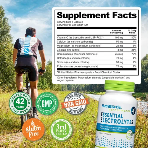 Vista 5 de NutriBiotic Electrolitos esenciales, cápsulas de 100 unidades Apoya un mayor rendimiento y una recuperación más rápida Vitamina C de grado