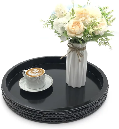 Vista 5 de Carah & Cossh Bandeja redonda de madera para servir, bandeja de madera decorativa negra, bandeja decorativa moderna redonda de 16 pulgadas, perfecta
