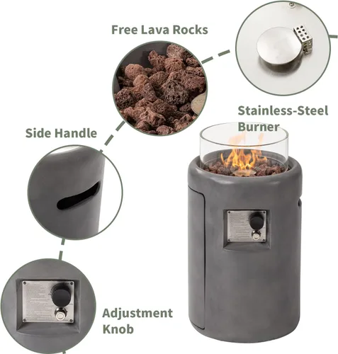 Vista 4 de COSIEST Mesa para fogata de propano para exteriores con base compacta de piedra angular redonda de grafito de 16 pulgadas y protector de viento
