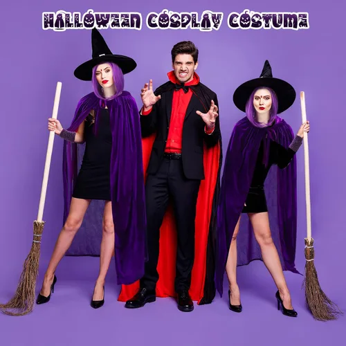 Vista 4 de Hercicy 5 piezas de disfraz de Halloween para cosplay, incluye capa morada de longitud completa con capucha para mujer, peluca corta morada