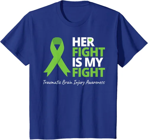 Vista 11 de Camiseta con cinta verde de la conciencia de la TBI, con texto en inglés "Her Fight Is My Fight" Jaspeado Oscuro