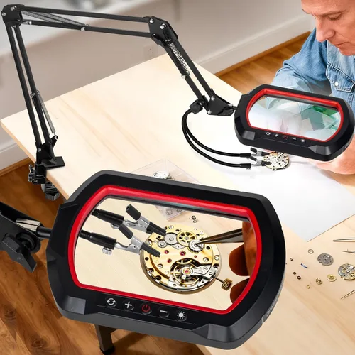 Vista 10 de Lupa ultra larga de 3 secciones con brazo de 3 secciones con luz y soporte, lupa iluminada LED con manos que ayudan Lámpara de escritorio