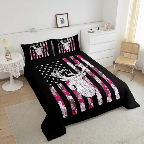 Vista 3 de Erosebridal Juego de edredón de caza de ciervos, tamaño individual, color rosa, camuflaje militar, camuflaje, retro, bandera estadounidense, juego
